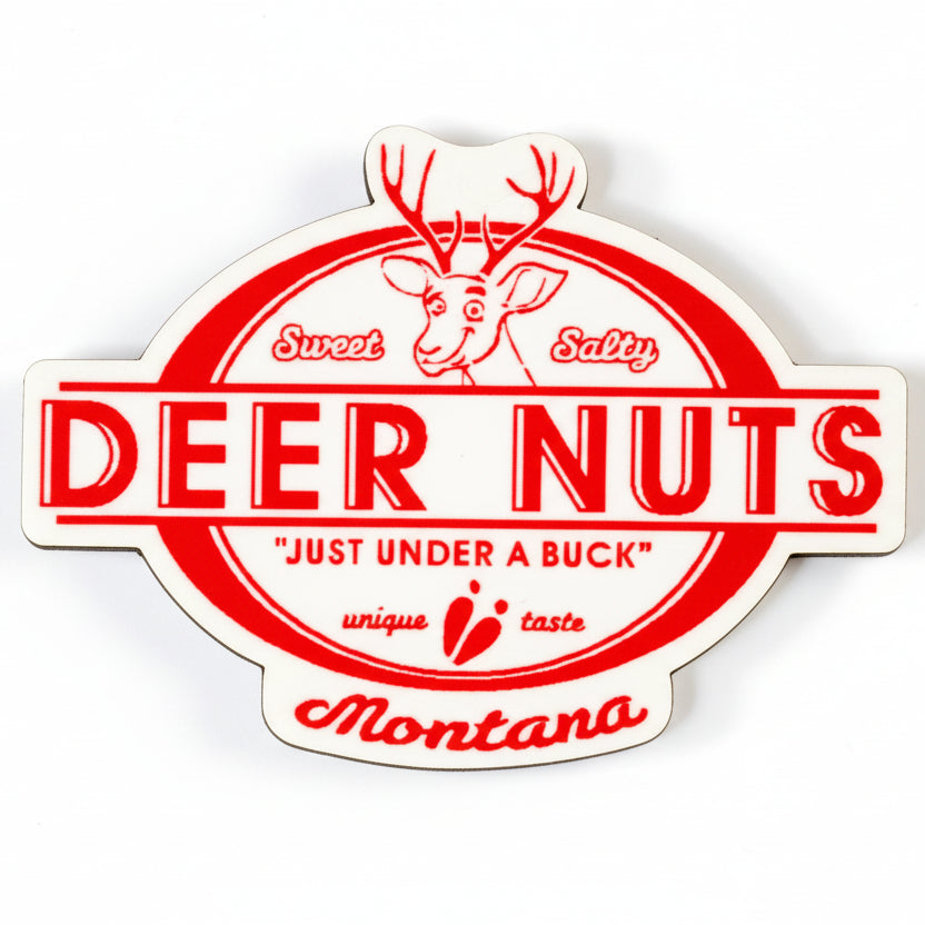 Deer Nuts logo magnet with red text on a white background