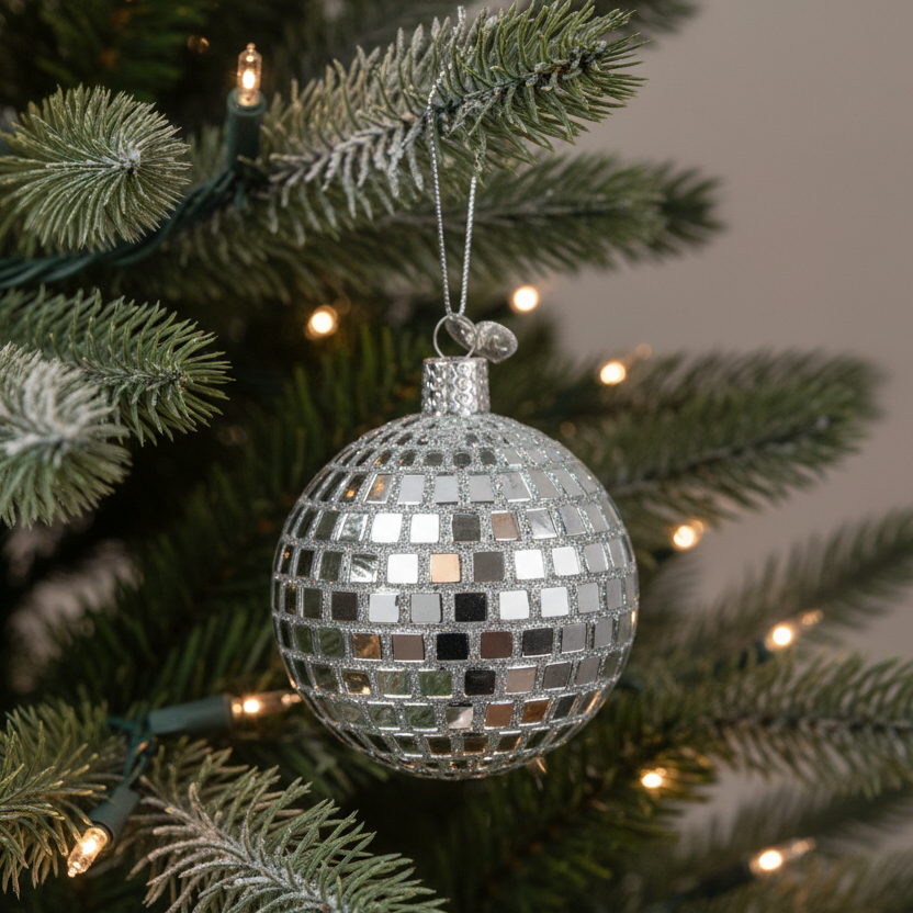 Silver disco ball ornament on a Christmas tree with lights.