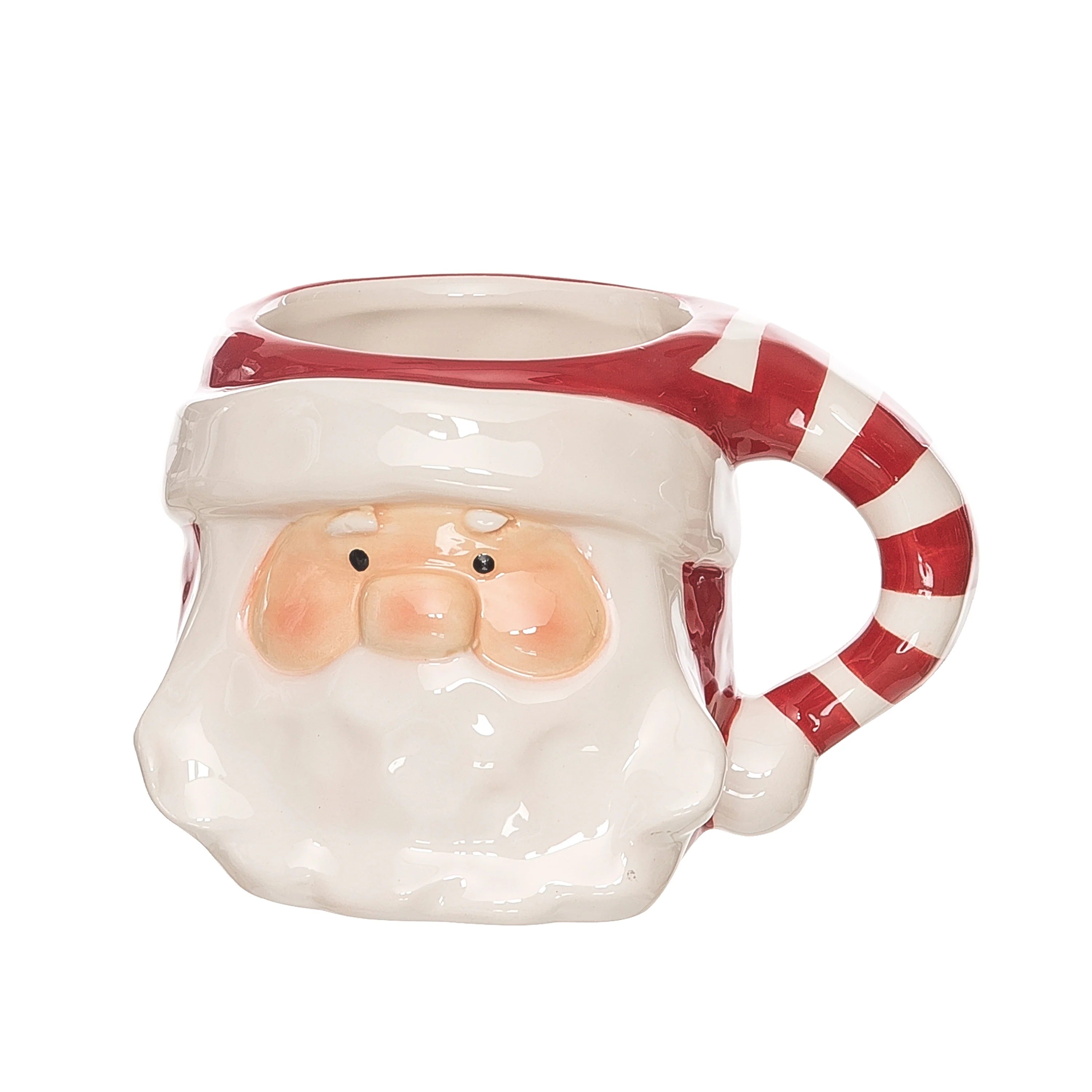 Ceramic mug shaped like a Santa face with a candy cane handle on a white background