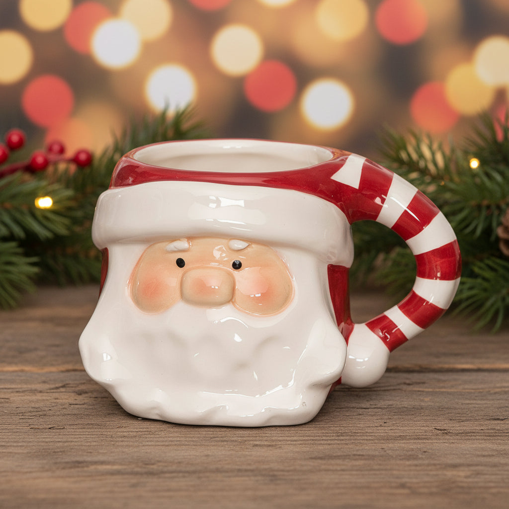 Ceramic mug shaped like a Santa face with a candy cane handle on a white background
