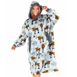 Woman wearing a hoodie with moose pattern on a white background