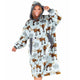Woman wearing a hoodie with moose pattern on a white background