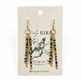 Pair of beaded earrings on a branded card with a white background