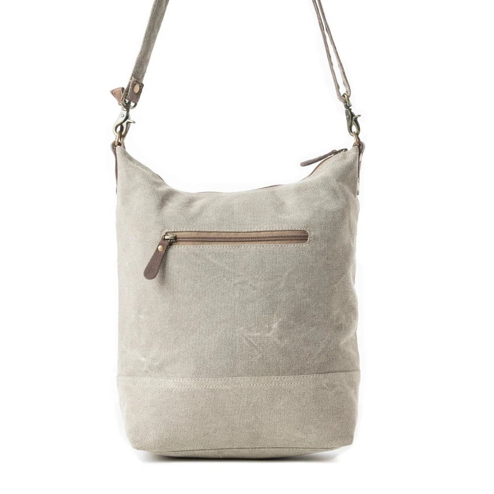 Light gray shoulder bag with a zipper pocket on a white background