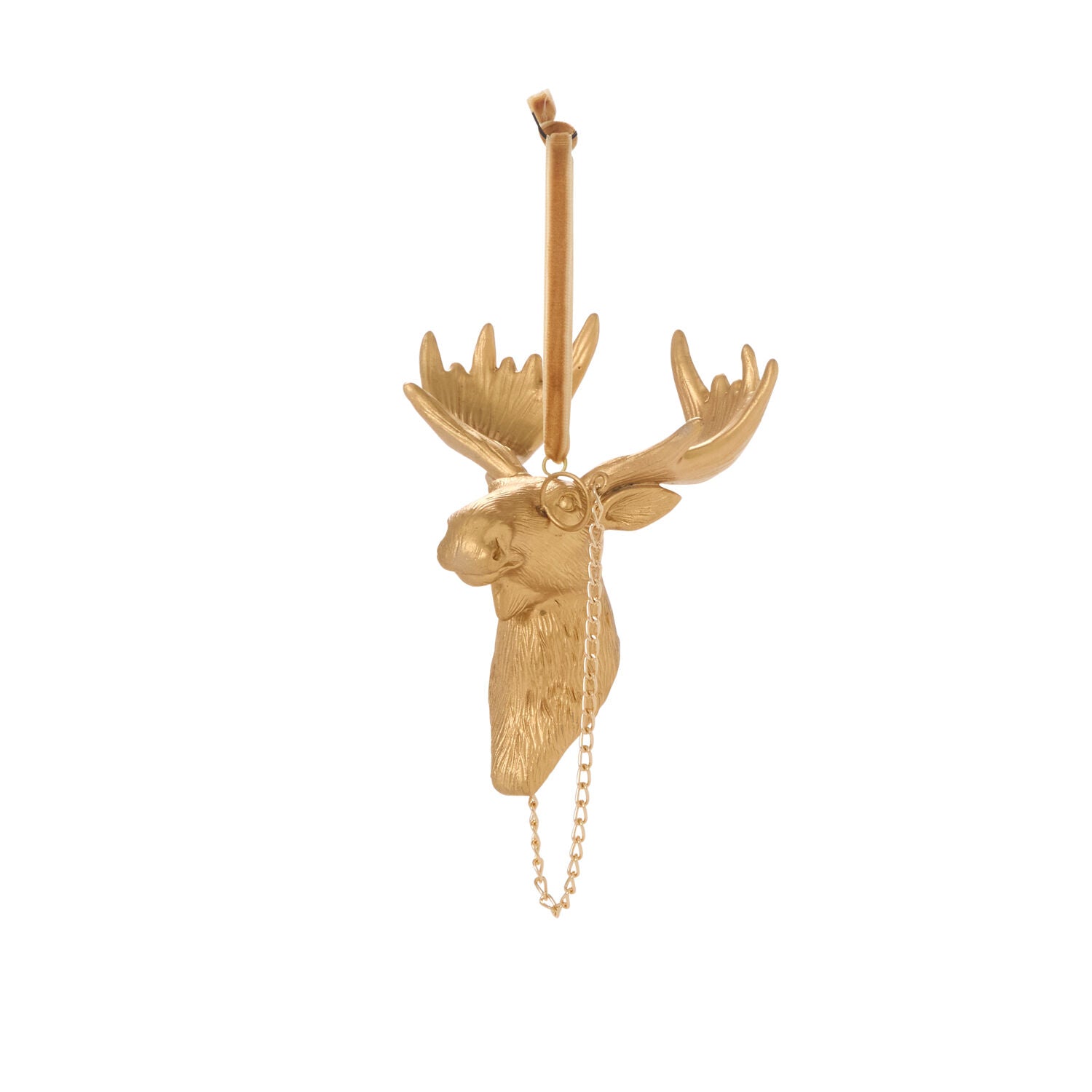 Gold deer head ornament on a white background