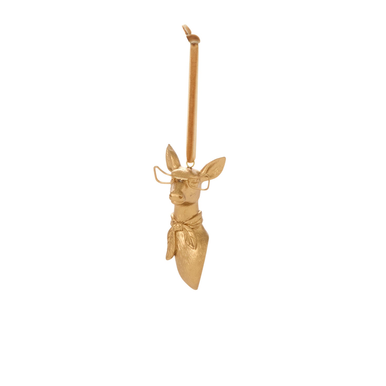 Gold-colored decorative item resembling a deer with glasses on a white background