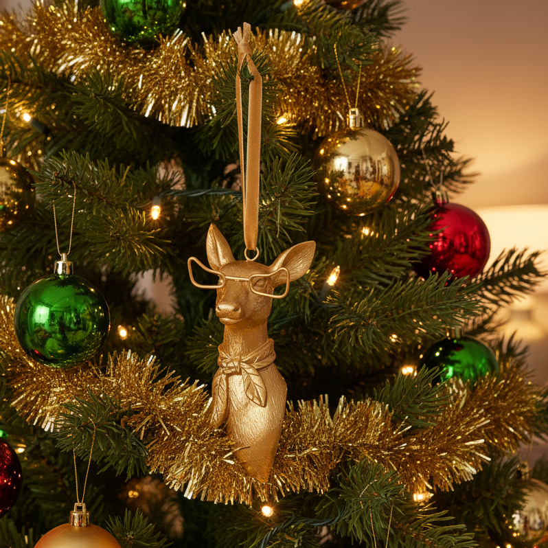 Gold deer ornament on a decorated Christmas tree with green and red ornaments.