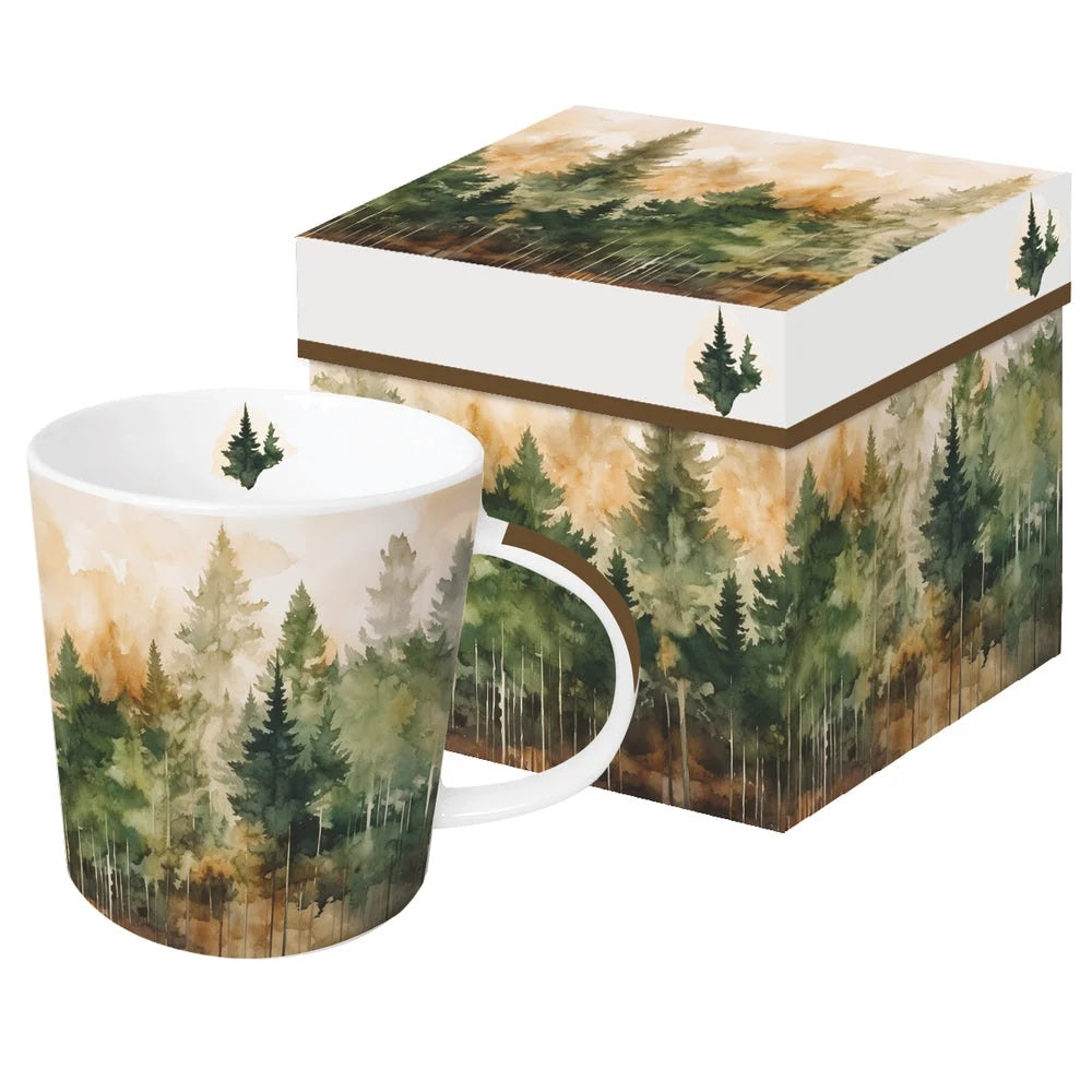 Mug and box set with forest design on a white background