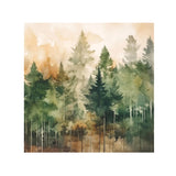 Watercolor napkins of a pine forest with tall conifer trees in shades of green, beige, and brown, set against a white background.