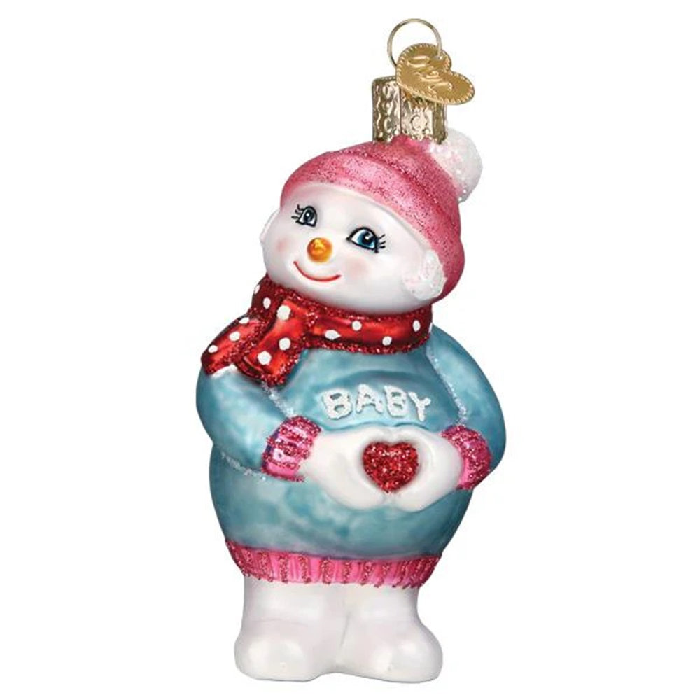 Decorative snowman ornament with 'Baby' sweater on a white background