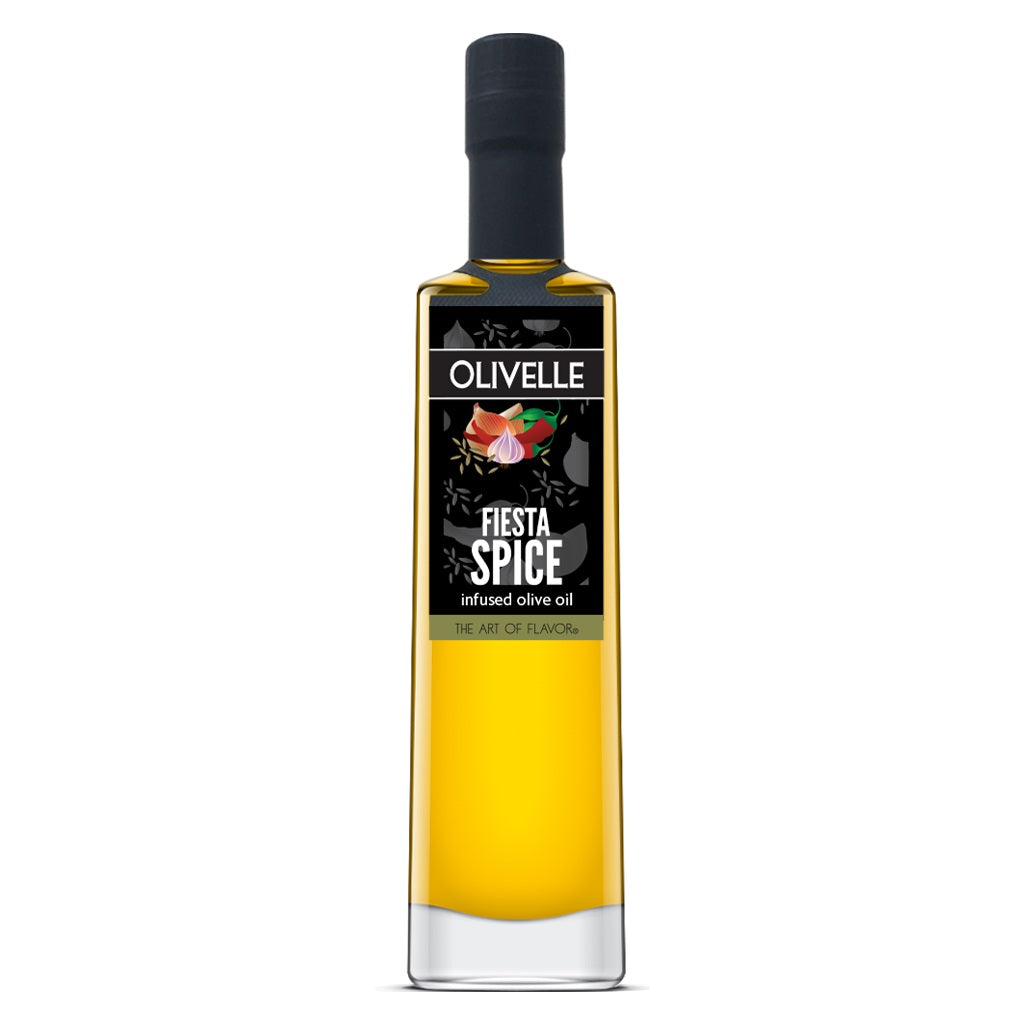 Bottle of Olivelle Fiesta Spice infused olive oil on a white background