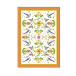 A rectangular decorative print or tile featuring a symmetrical floral pattern with yellow flowers, purple and orange blossoms, green leaves, and swirling vines on a white background, framed by a warm orange border.