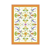 A rectangular decorative print or tile featuring a symmetrical floral pattern with yellow flowers, purple and orange blossoms, green leaves, and swirling vines on a white background, framed by a warm orange border.