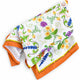 A square white cotton kitchen towel with a colorful floral and scroll pattern, finished with an orange border and yellow stitched trim, laid flat on a white surface.
