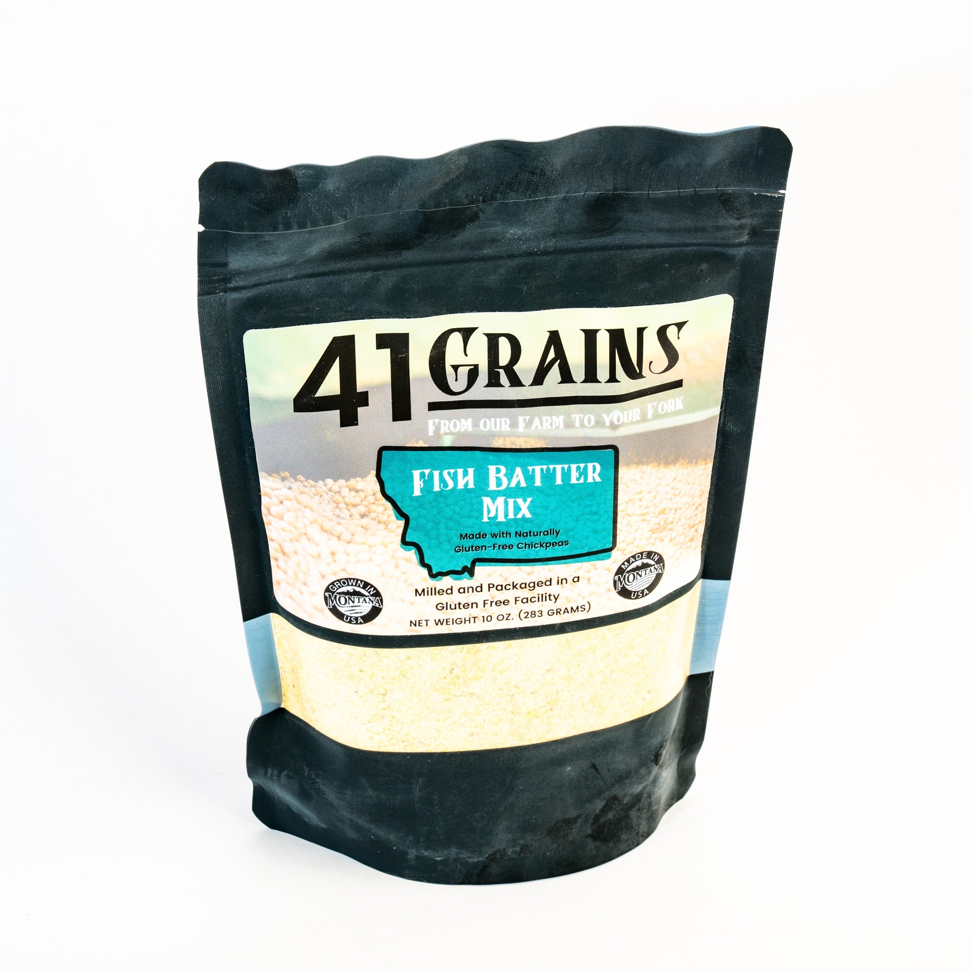 bag of fish batter made in montana on a white background