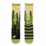 Pair of socks with forest design and striped pattern on a beige background