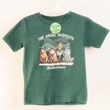 Green t-shirt with cartoon animals and 'Yellowstone' text on a white background