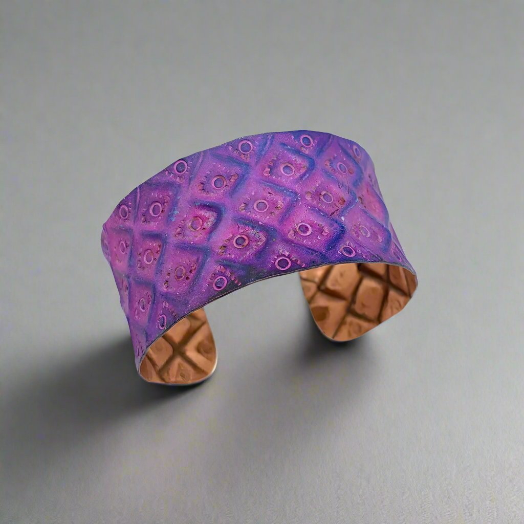 FuschiaandPurpleDiamondsCopperPatinaBraceletbyAnjuArtJewelry