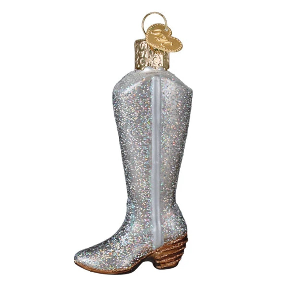 Glittered Western Boot Ornament on White Background