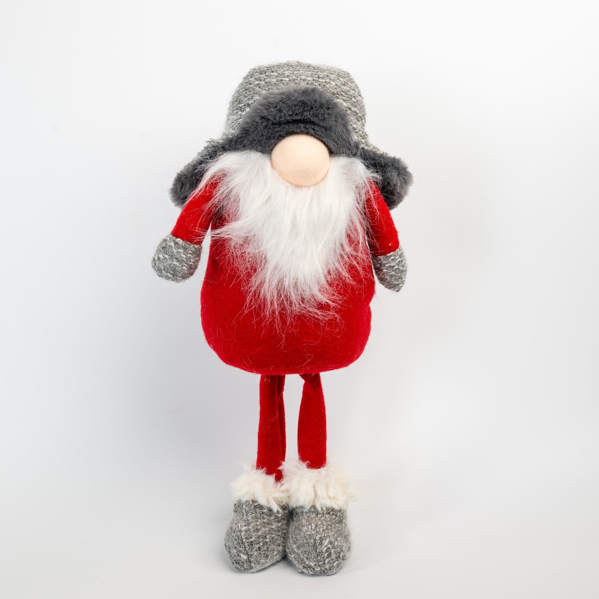 Decorative gnome figurine with red outfit, gray hat, and white beard on a light gray background