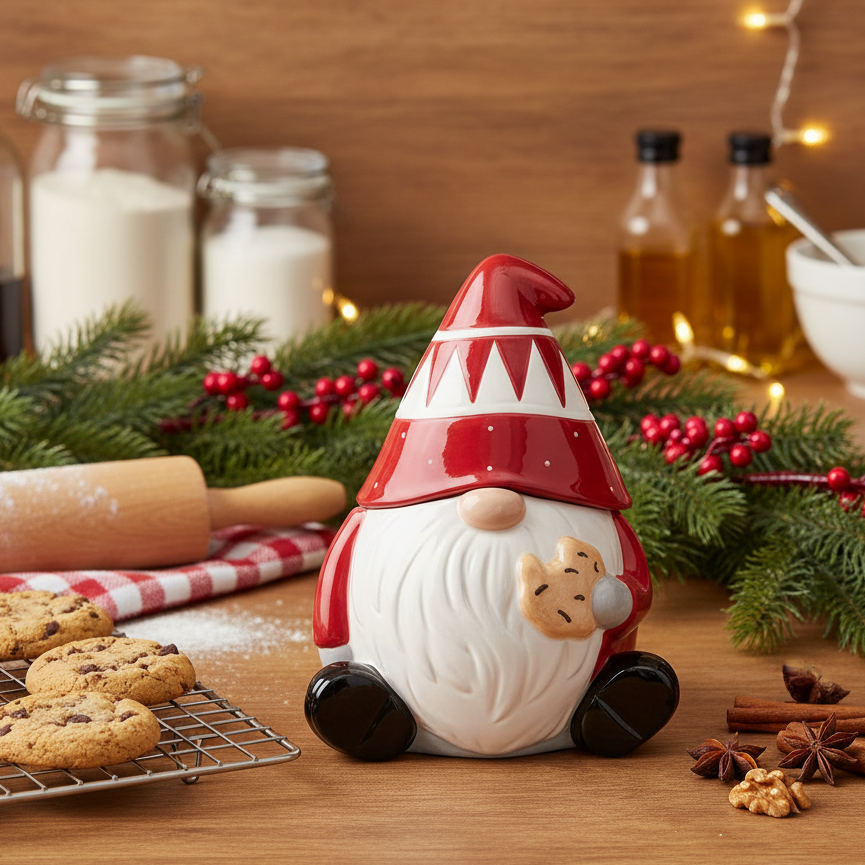 Decorative gnome figure on a kitchen counter with cookies and spices