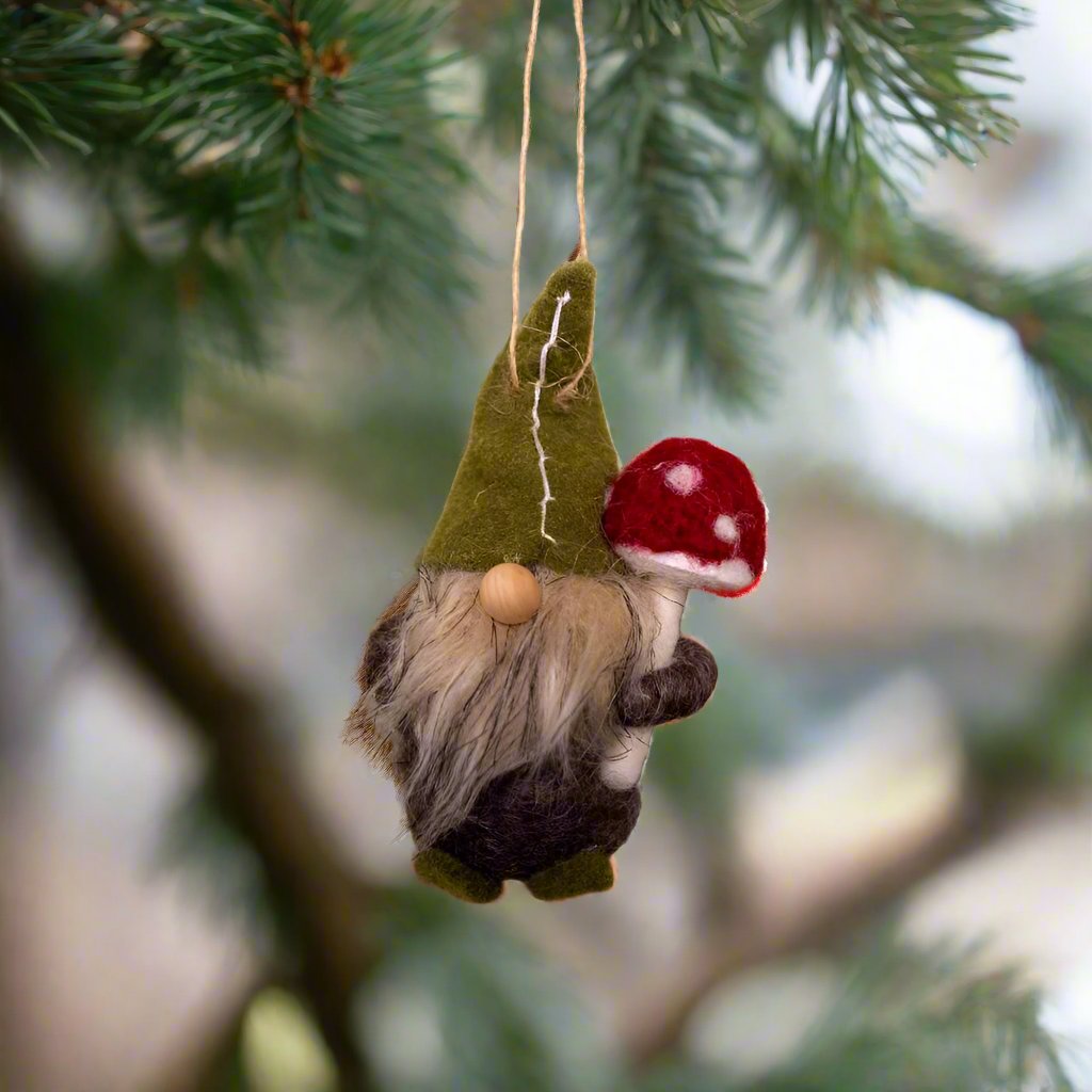 Gnome with Mushroom Wool Ornament by Ganz USA