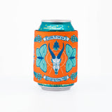 Can cooler with butterfly and mountain design on a white background