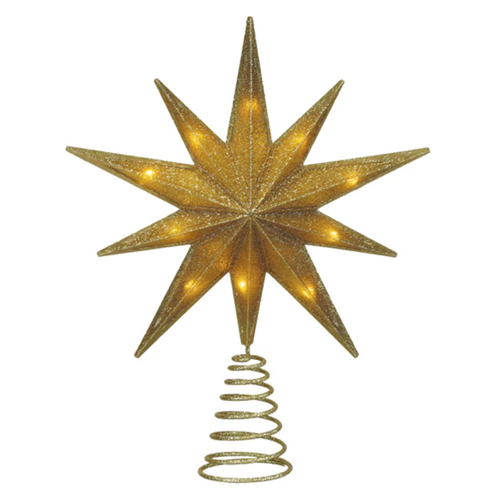 Gold star-shaped Christmas tree topper with lights on a white background