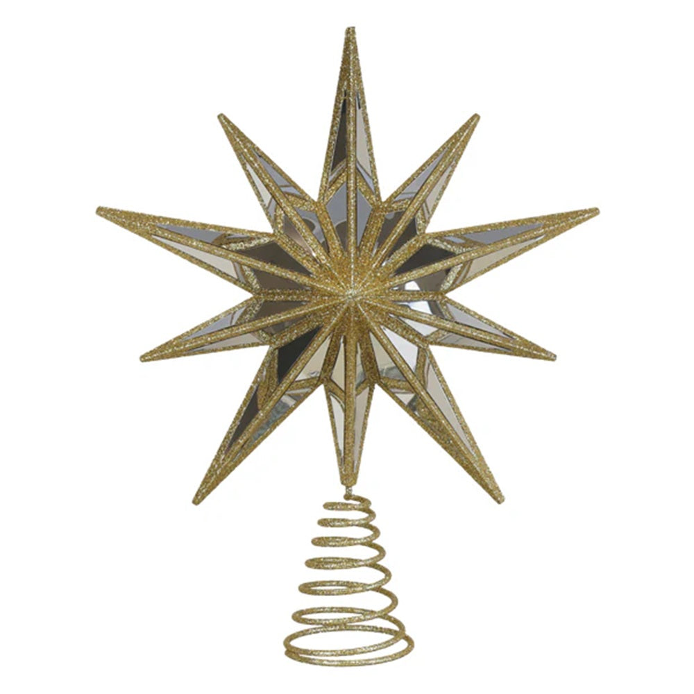 Gold star-shaped Christmas tree topper on a white background