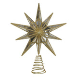 Gold star-shaped Christmas tree topper on a white background