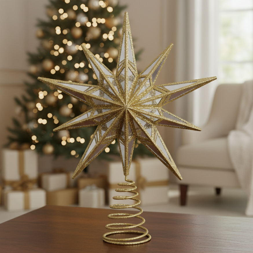 Decorative gold star tree topper on a table with a Christmas tree and gifts in the background.