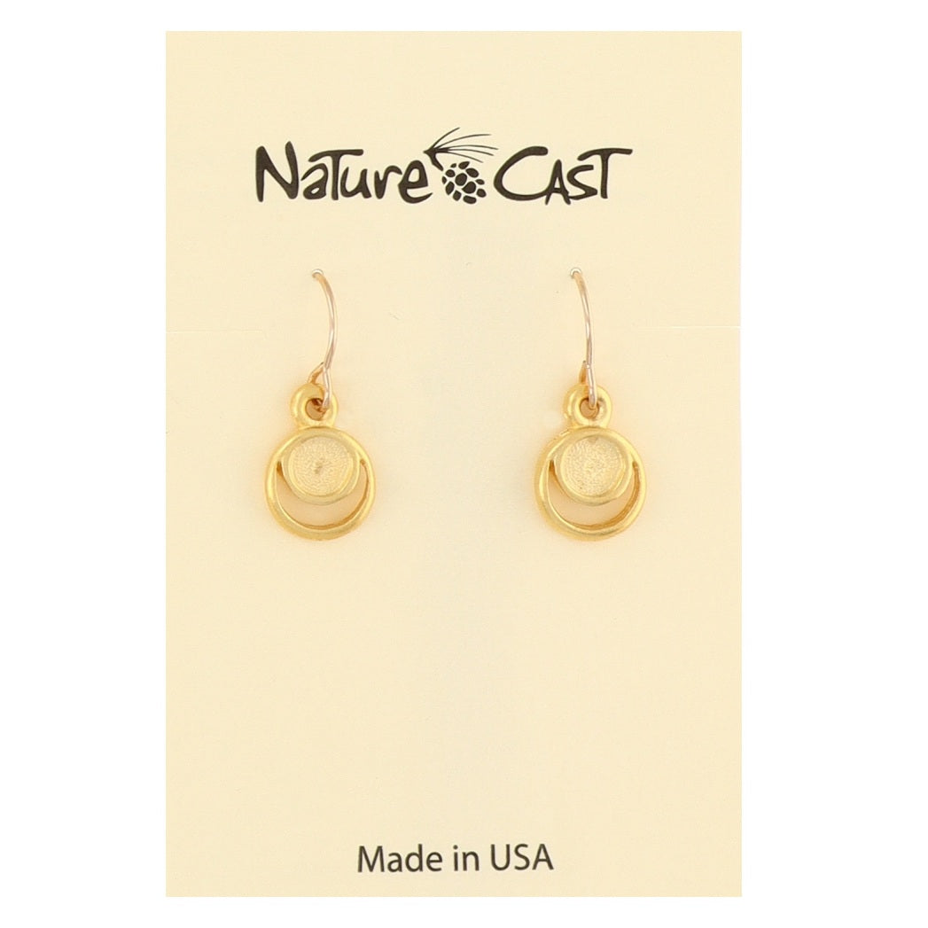 Gold earrings on a 'Nature Cast' branded card with 'Made in USA' text.