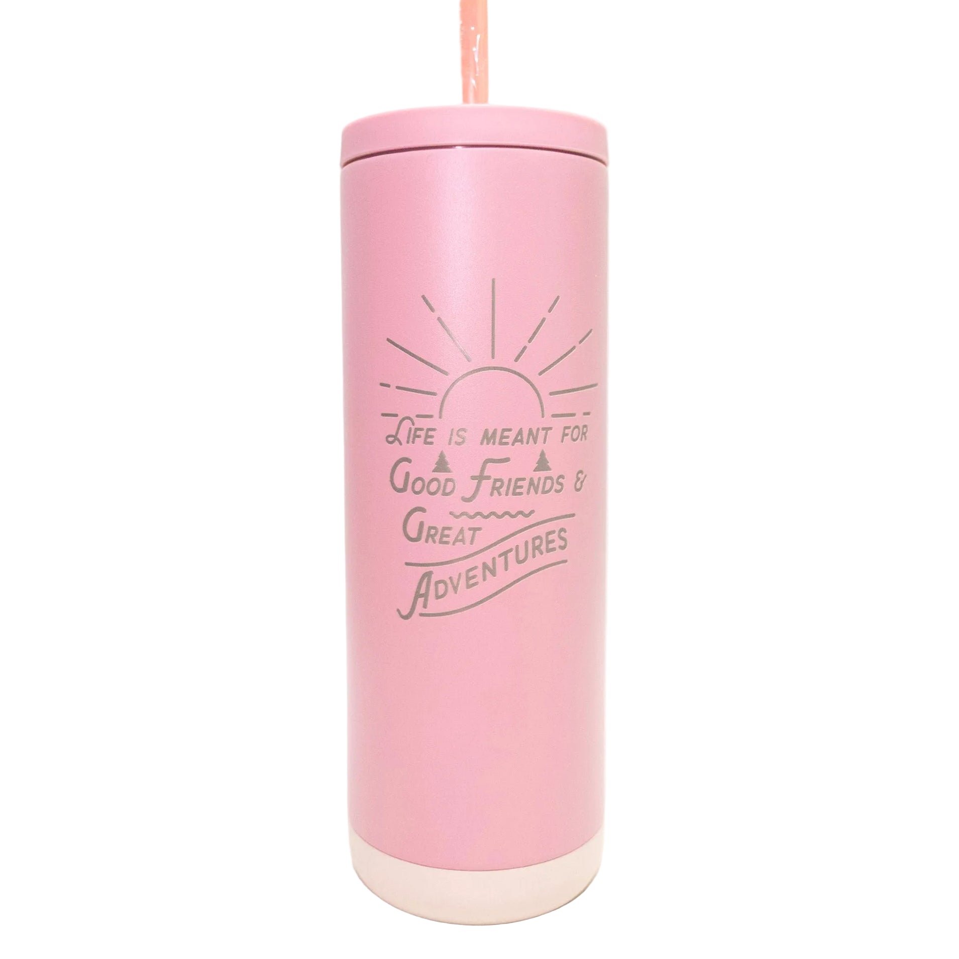 Pink tumbler with motivational quote on a white background