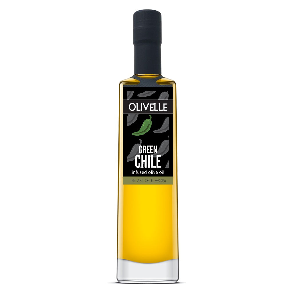 Bottle of Olivelle Green Chile infused olive oil on a white background