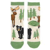 Pair of socks with forest-themed design featuring moose, bear, and trees on a white background.