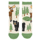 Pair of socks with forest-themed design featuring moose, bear, and trees on a white background.