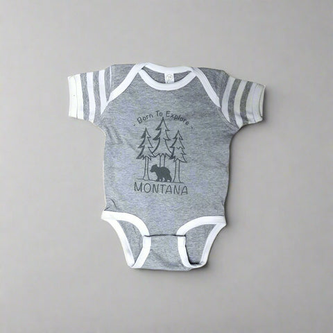 Grey Striped Born to Explore Bear Montana Onesie by Prarie Mountain (3 sizes)