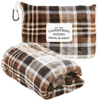Plaid travel blanket with Carstens Cozies label on a white background