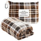 Plaid travel blanket with Carstens Cozies label on a white background