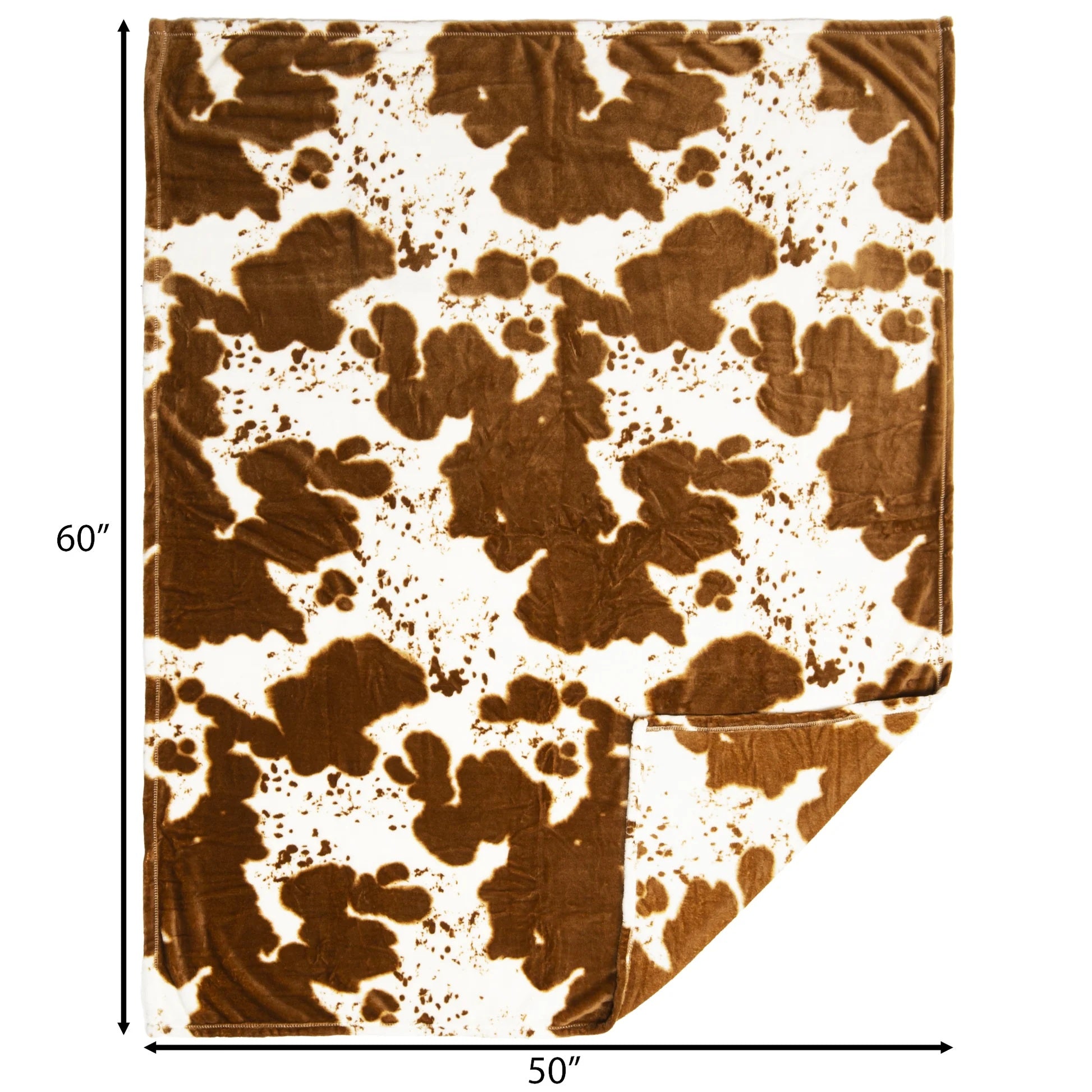 Cow print rug with dimensions 60" x 50" on a white background
