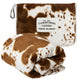 Brown and white cow print travel blanket with Carstens Cozies label on a white background