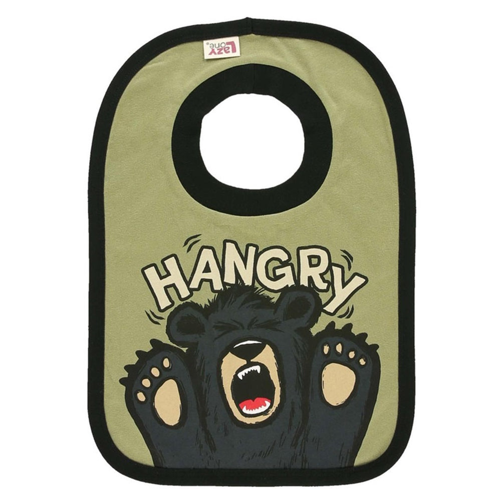children's bib featuring a design of a black bear and the words hangry