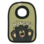 children's bib featuring a design of a black bear and the words hangry