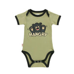 Green baby onesie with a bear graphic and 'HANGRY' text on a white background