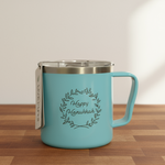 Turquoise mug with 'Happy Hanukkah' text on a wooden surface