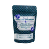 Tea package with blue and white design on a white background
