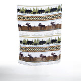 Fleece blanket with nature-themed pattern featuring bears, moose, and trees on a white background.