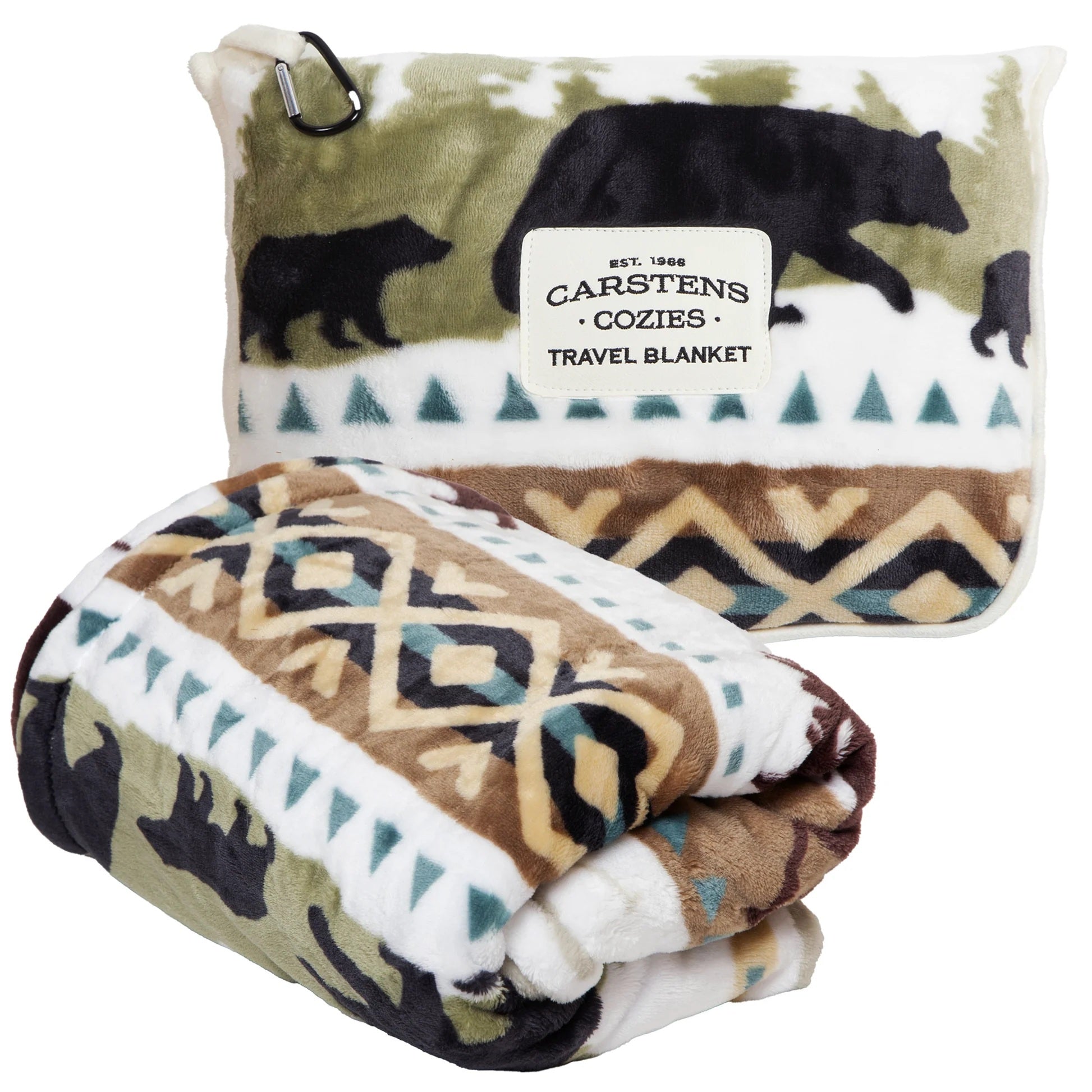 Folded travel blanket with bear pattern and Carstens Cozies label on a white background