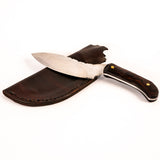Montana made knife with wooden handle and leather sheath on a white background