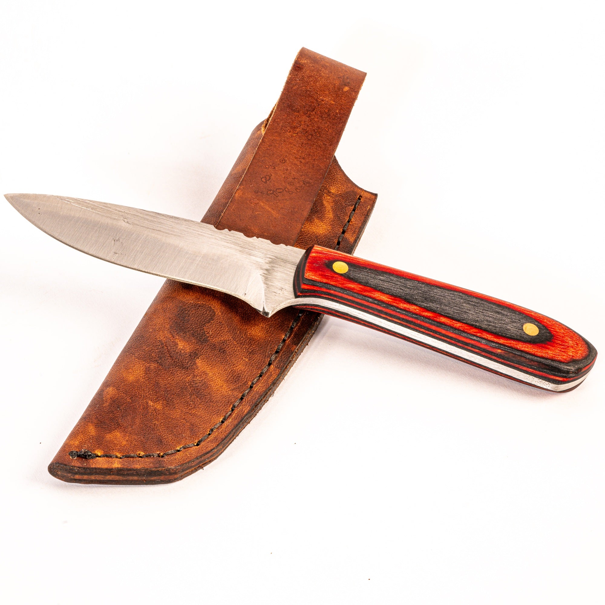 Knife with a wooden handle and leather sheath on a white background